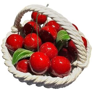 Gorgeous Bassano Ceramic Art Cherries in White Woven Basket - Italy (EUC)